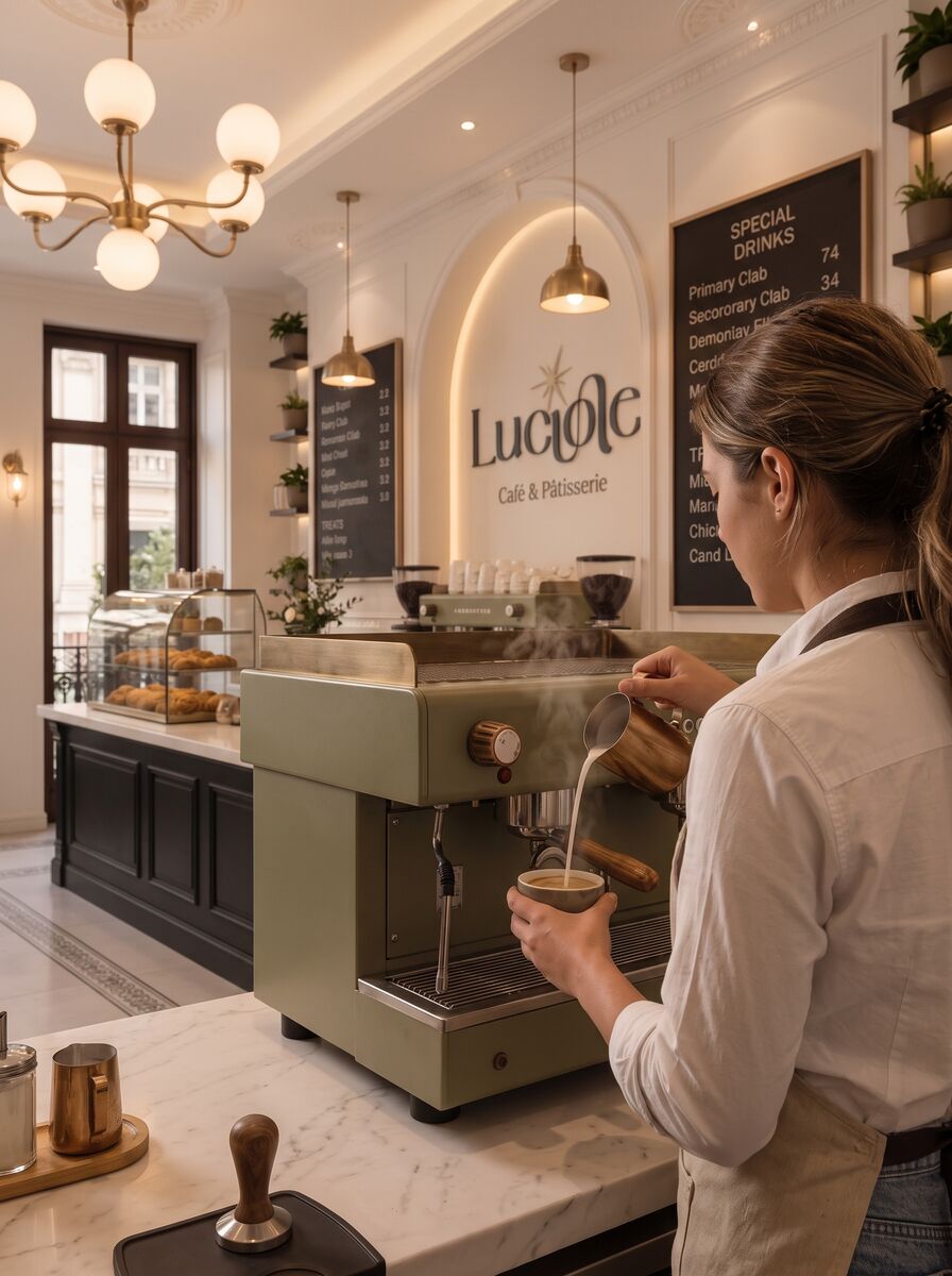 A barista pouring a latte at Luciole café in Jounieh