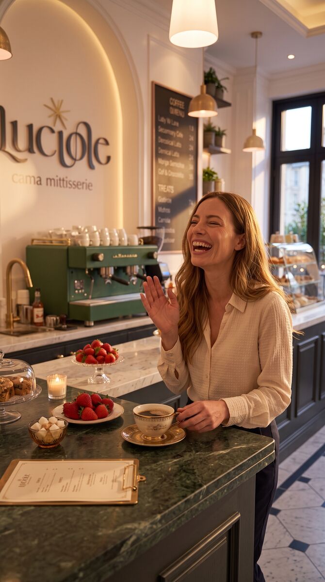 Coffee and strawberries at the counter of Luciole café in Jounieh