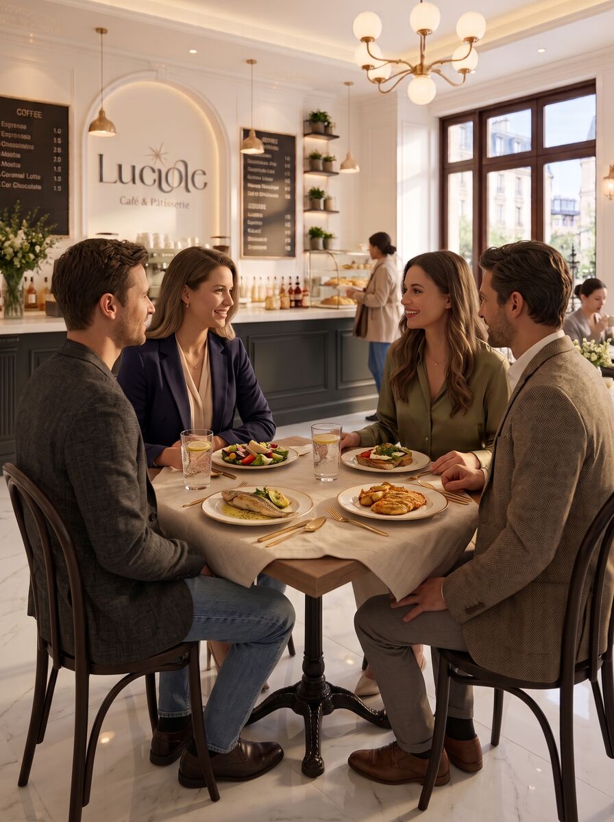 Four friends sharing lunch at Luciole bistro in Jounieh