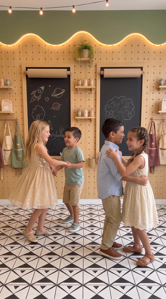 Children playing together in front of the chalkboard wall at Luciole kids' space
