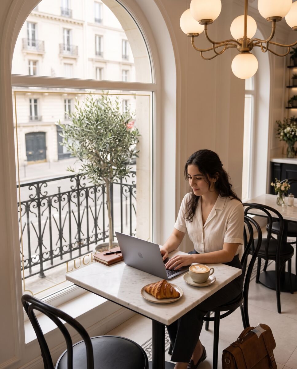 A guest working on a laptop by the window at Luciole café in Jounieh